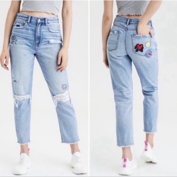 AMERICAN Eagle x Keith Haring Distressed Patch Work Mom Jeans - Picture 1 of 12